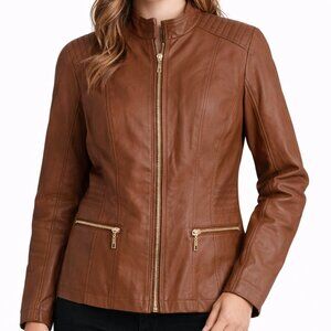 Cleo Women's Faux Leather Moto Jacket M Cognac Brown Gold Zip Biker Chic Coat